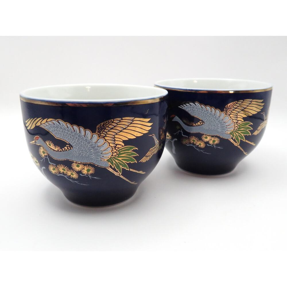 Vintage Japanese Crane Cups Set of 2, Cobalt Blue Gold Rim Tea or Sake Cups